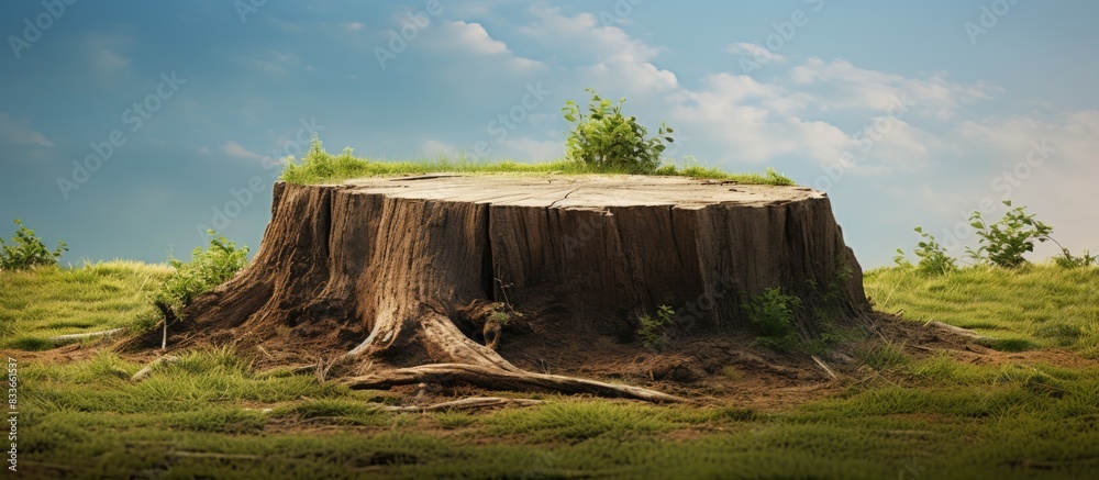 Poster Tree stump with grass. Creative banner. Copyspace image
