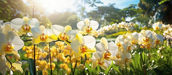 Many white and yellow orchids on the background are green orchid gardens And full of colorful orchids in the distance. Creative banner. Copyspace image © HN Works