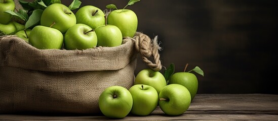 Juicy green apples in an old bag On grey wooden background. Creative banner. Copyspace image