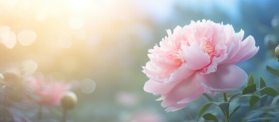 Summer blossoming peony selective focus shallow DOF toned light and heart bokeh background pastel and soft card. Creative banner. Copyspace image