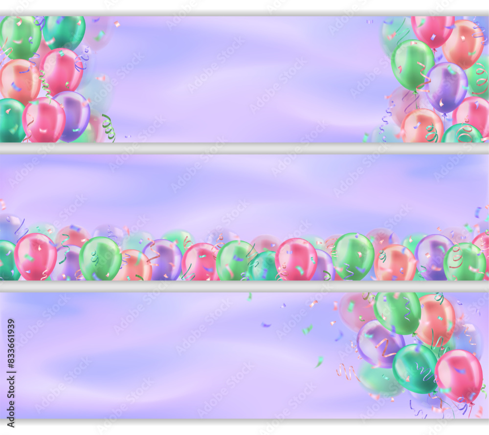 Poster set of headers with 3d realistic colorful glossy balloons and confetti decoration with blank space f