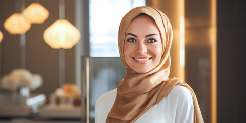 A Middle Eastern woman in a headscarf, with smooth skin, pleased with her appearance in the mirror after beauty treatments at a luxury spa.