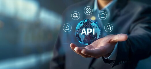 A businessman holding virtual text API and icons