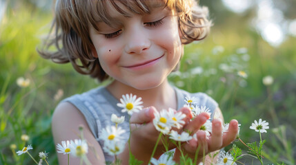 Boy with a serene smile and closed eyes, holding a handful of chamomile flowers, highlighting a peaceful and tender moment in a natural setting.