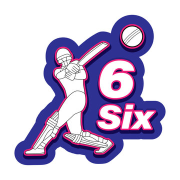 Vector illustration of Batsman hitting six runs sticker on transparent background