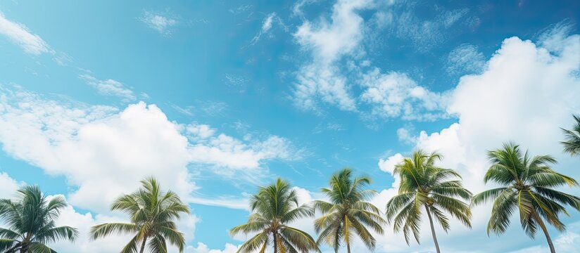 A grove of palm trees as seen from below against blue sky and white clouds. Creative banner. Copyspace image