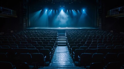 The theater is empty and dark. The stage is lit up and ready for the show.