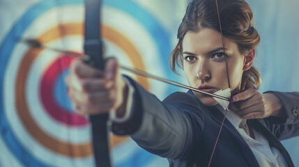 Businesswoman dressed in formal attire, confidently drawing her bow and aiming at a target, symbolizing precision and focus in the business world.