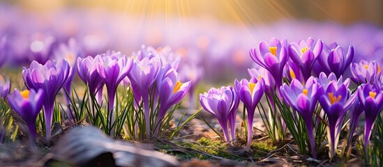 Purple crocus flowers blossom spring flowers in the garden. Creative banner. Copyspace image