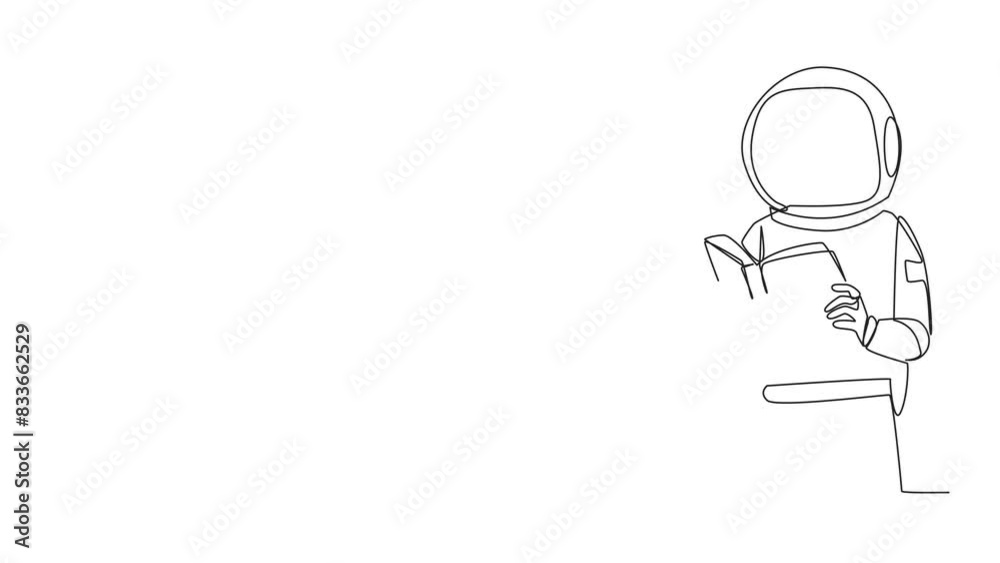 Poster self drawing animation of continuous one line drawing young energetic astronaut focus on reading. tr