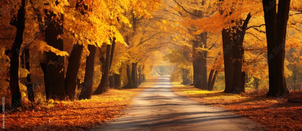 Aufkleber Path in autumn forest road in the woods. Creative banner. Copyspace image