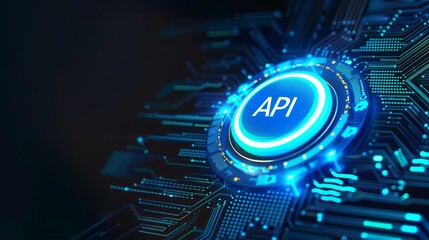 An abstract futuristic background with a blue glowing text API