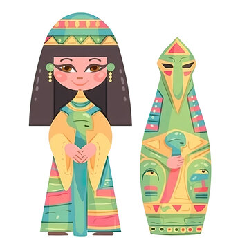 An illustration of a woman and an Ushabti statue