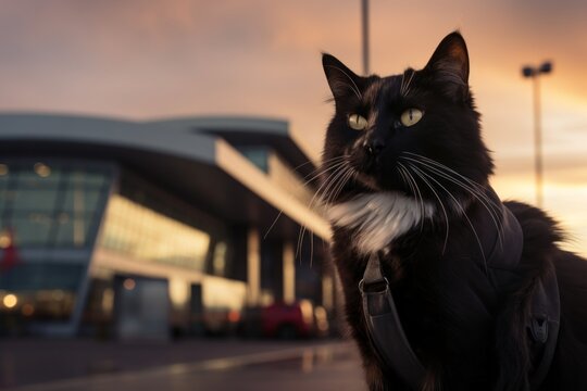 Portrait of a funny manx cat on bustling airport terminal background