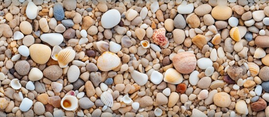 close up of sand texture with stones and small shells. Creative banner. Copyspace image