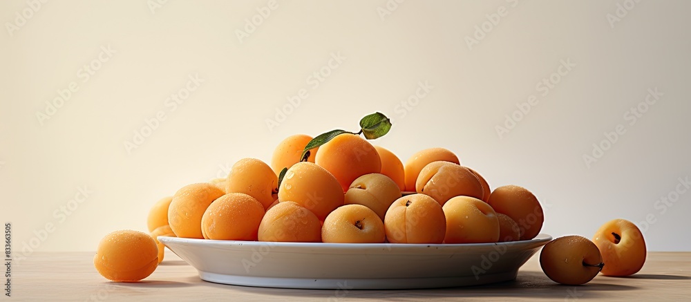 Poster fresh apricots in a cut with a stone on a plate on a white table. creative banner. copyspace image
