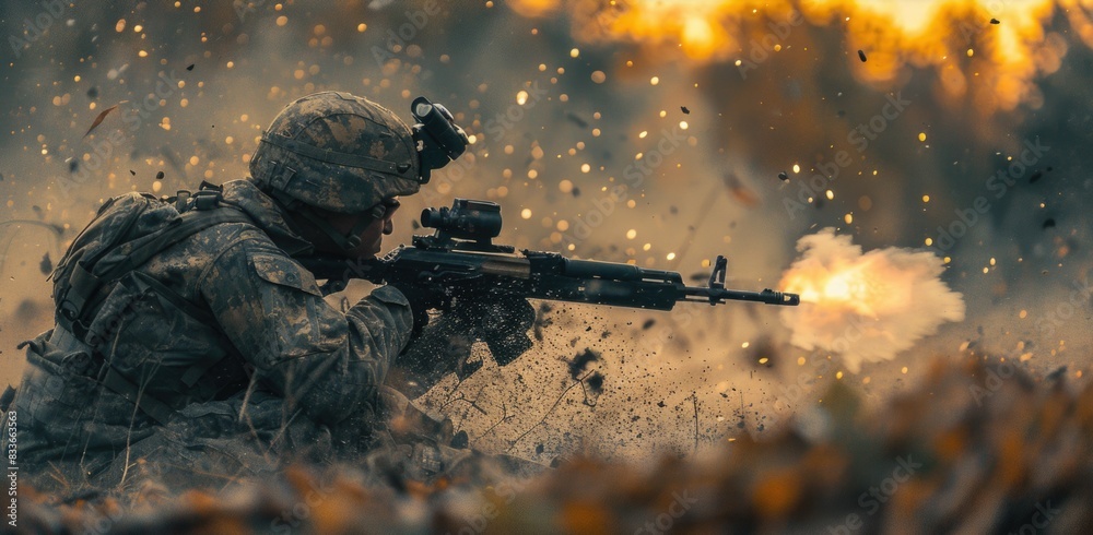 Poster Soldier fighting during war with bomb smoking with fire bokeh background