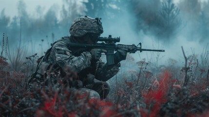 Soldier fighting during war with bomb smoking winter season
