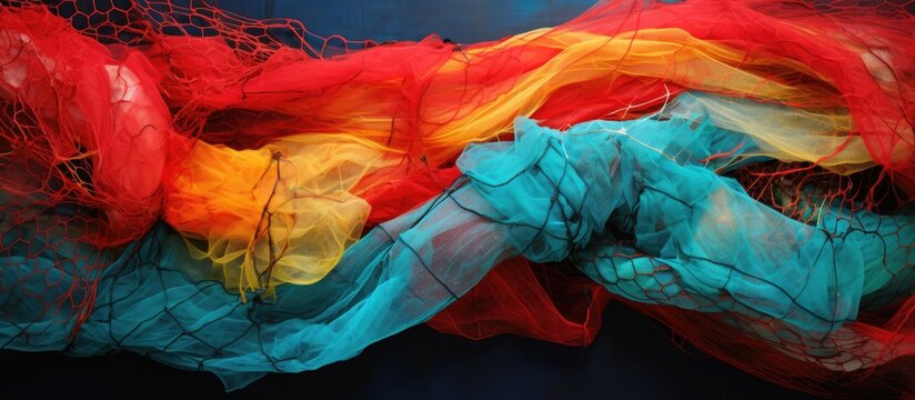 Dazzling colors in captivity of fishing nets. Creative banner. Copyspace image