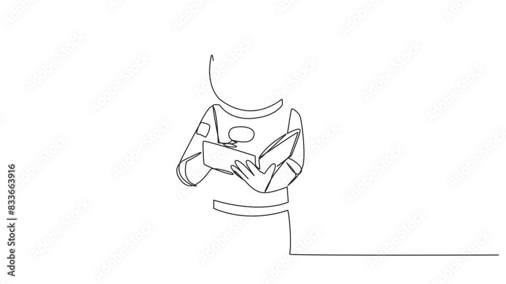 Poster animated self drawing of continuous line drawing astronaut reading book while holding a magnifier. s