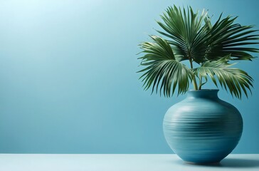 palm leaf in a vase on light blue background with copy space, Summer background 