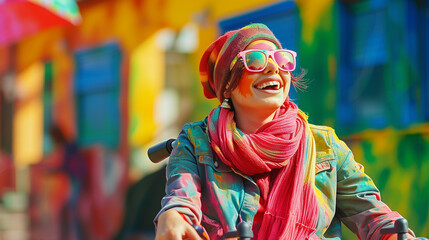 Cheerful woman in wheelchair at the festival of colors Holi