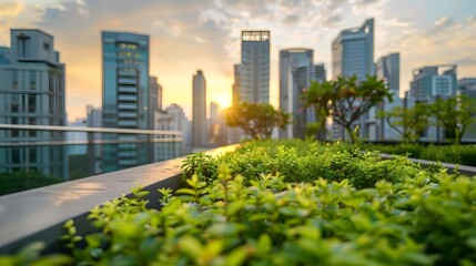 Fototapeta premium Stunning Urban Skyline with Verdant Rooftop Garden at Sunset