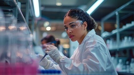 food safety testing, a dedicated latino scientist meticulously testing food samples for hygiene compliance, fully geared up in a high-tech lab with a pipette in hand