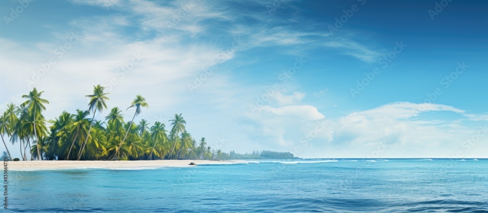 Poster beautiful tropical scenery in natural island environment of tall palm trees growing on the seashore 