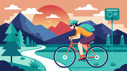 Fototapeta premium A VR cycling app that takes users on a virtual ride through scenic landscapes while helping to alleviate chronic knee pain.. Vector illustration