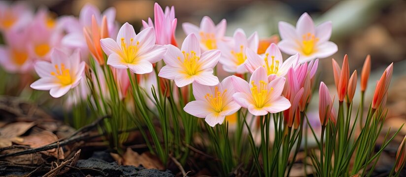 Zephyranthes minuta is a small head plant many colors Expanding with seeds and cracking heads. Creative banner. Copyspace image