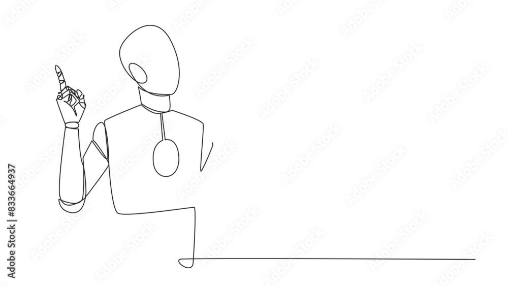 Poster self drawing animation of continuous line drawing robot standing reading book. gesture gets idea. bo