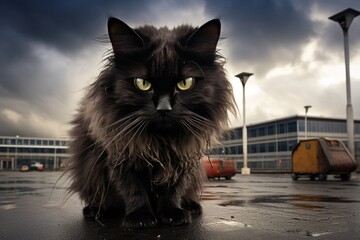 Portrait of a funny laperm cat in front of bustling airport terminal background