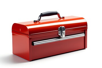 Red metal toolbox with handle and latch. Perfect for organizing tools and hardware. Durable and practical storage solution.
