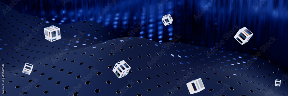 Poster floating cubes over a wavy perforated surface with a digital background.3d rendering
