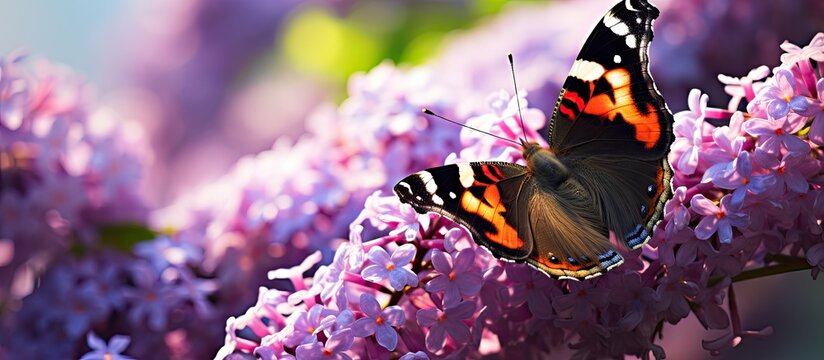 Red admiral butterfly Vanessa atalanta mariposa almirante rojo on a buquet purple lilac flowers Syringa vulgaris Lilac flowers a feast for butterflies. Creative banner. Copyspace image