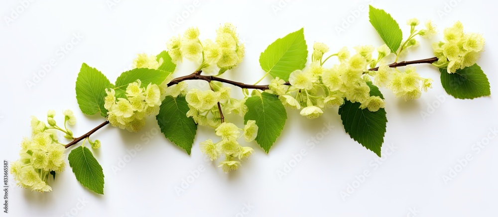 Poster linden flower branch beautiful isolated on white background flat lay top view. creative banner. copy
