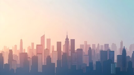 Fototapeta premium Stunning City Skyline at Sunrise with Misty Silhouettes of Towering Skyscrapers