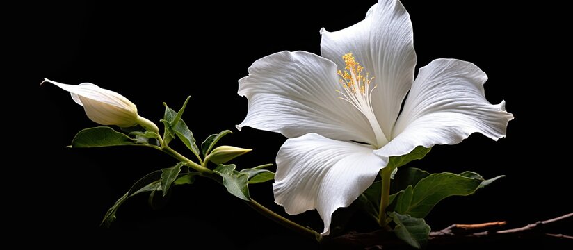 One white flower of devils trumpet bush. Creative banner. Copyspace image