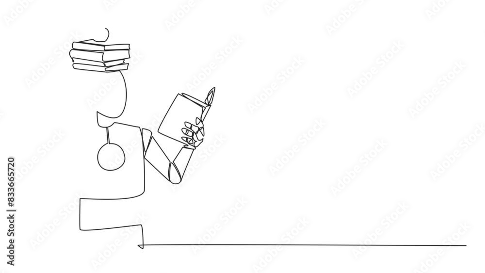 Poster animated self drawing of continuous line drawing robot reading book practicing balance. stack books 