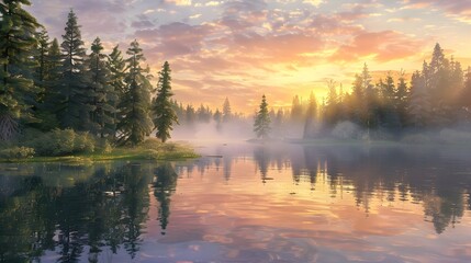 Obraz premium Enchanting Sunset Reflecting on Tranquil Forest Lake in Scenic Wilderness