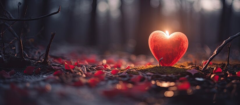 A heart shaped candle with a red hue placed on a gravestone in a cemetery creating a somber ambiance on All Saints Day With shallow depth of field the image provides a copy space for personal message