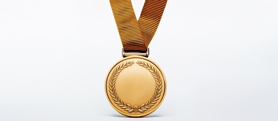 A gold medal with a ribbon seen in a copy space image stands out on a white background