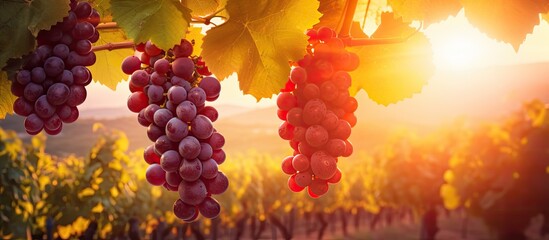 A picturesque sunrise illuminates wine grapes in a serene vineyard creating a stunning image with copy space - Powered by Adobe