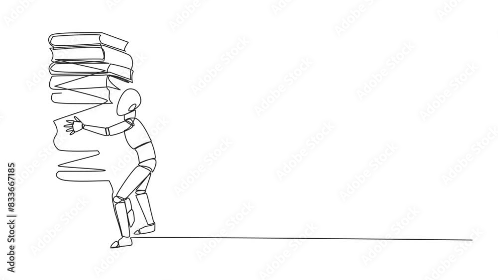 Poster animated self drawing of continuous one line drawing smart robot hugging very high pile of books. ho