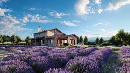 Detailed 3D rendering of a countryside house on a lavender farm, capturing the essence of rustic...