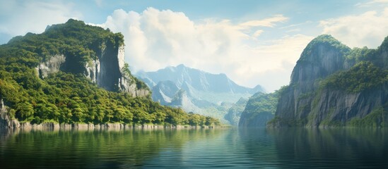 A scenic mountain lake surrounded by lush vegetation and a towering cliff with a textured water...