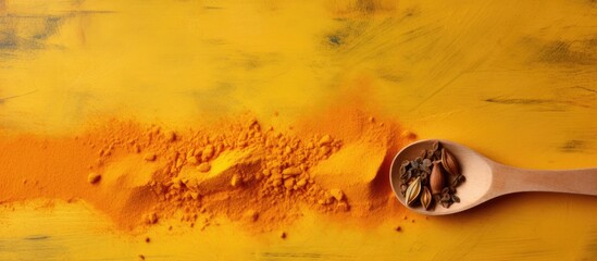 Fototapeta premium A wooden palette board with turmeric spice powder and roots is placed on a yellow background while a spoon lies nearby Ample copy space is available