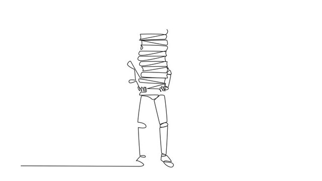 Animated self drawing of one line drawing robot carrying tall stack of books covering itself. Newly purchase book from bookstore. Read books one by one at home. Full length single line animation