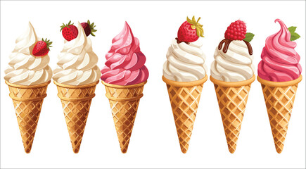 Set of colorful ice cream vector, Waffle ice cream cones with different flavors, Set of different colorful scoops and waffle cone, Summer ice cream cone, Vanilla, Strawberry, Chocolate, Orange